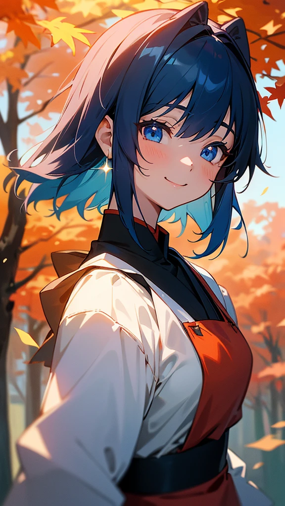 1 Girl、Anime style painting、Upper body close-up、From the side、邪悪なsmile、Dark blue hair、Sparkling blue eyes、smile、Apron appearance、Perfect lighting、Autumnal leaves々、Momiji Park、Background Blur, Written boundary depth