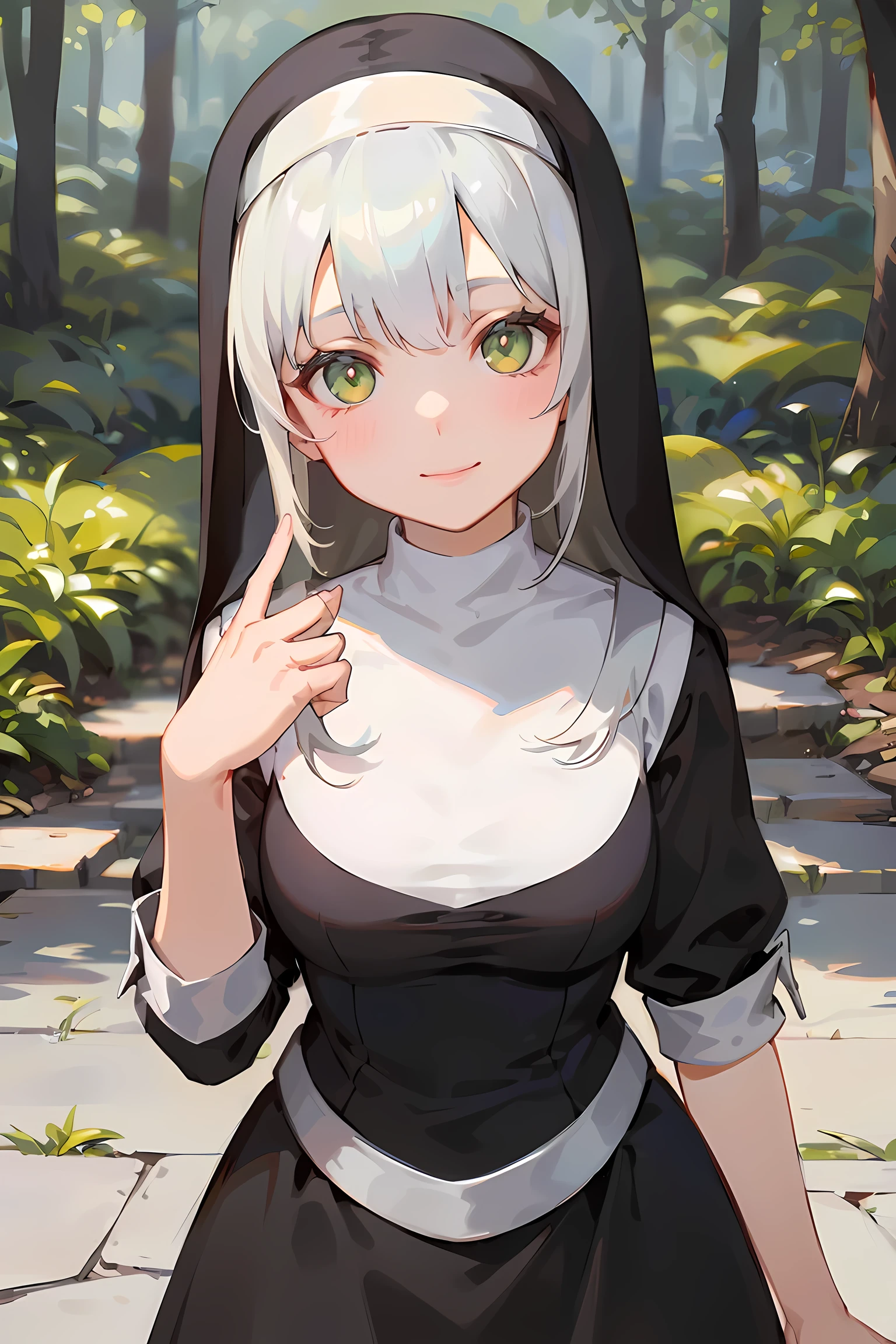 masterpiece, best quality, highly detailed background, perfect lighting, best quality, (extremely detailed face), volumetric lighting, intricate details, shadow, tonemapping, sharp focus, hyper detailed, trending on Artstation, (solo), ((Looking at the viewer)), (White hair), ((thin)), ((green eyes)), ((nun)), ((dressed as a nun)), ((nun's long skirt)), ((delicate)), ((thin and fine figure)), ((elegant)), ((smile)), (blush) ((in the forest)) ((dressed all in black)) ((dinamic pose))