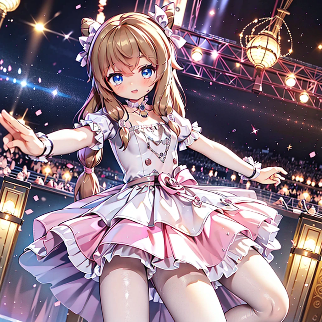 Solo girl, comical, kawaii, Blue eyes, light brown hair, back high twintails, front braids, princess dress, smile, front view, dance at the stage, neon and led lights, posing, sexy, high-resolution image, masterpiece, high quality, attractive eyes, ((dutch angle))
