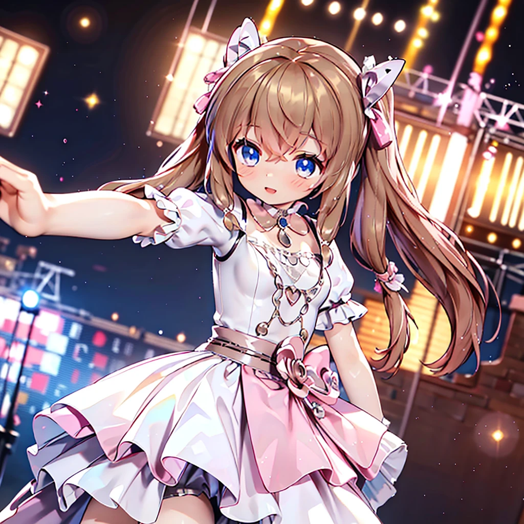 Solo girl, comical, kawaii, Blue eyes, light brown hair, back high twintails, front braids, princess dress, smile, front view, dance at the stage, neon and led lights, posing, sexy, high-resolution image, masterpiece, high quality, attractive eyes, ((dutch angle))