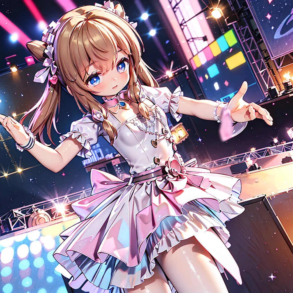 Solo girl, comical, kawaii, Blue eyes, light brown hair, back high twintails, front braids, princess dress, smile, front view, dance at the stage, neon and led lights, posing, sexy, high-resolution image, masterpiece, high quality, attractive eyes, ((dutch angle))