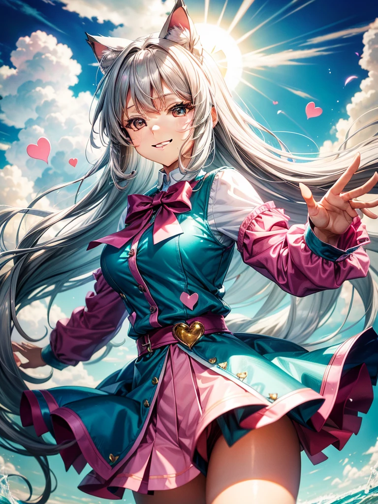 Silver hair, brown eyes, woman, sun and cloud background, teal and pink clothes, hair bows, sexy uniform outfit, sexy, cat ears, hearts, floating hearts, long thick hair, smiling face