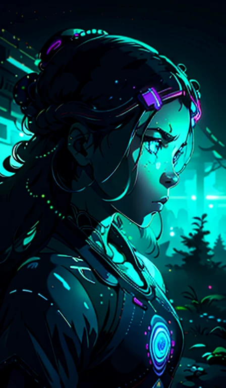 portrait, wide angle shot, eyes off to one side of frame, lucid dream, woman, looking off in distance, daydreampunk, dark skin and glowing blue eyes, headdress, beautiful, she is dripping in neon lights, very colorful blue, green, purple, bioluminescent, neon forest, vivid wonderland, particles, rule of thirds, golden ratio, assymetric composition, hyper-maximalist, octane render, photorealism, cinematic realism, unreal engin