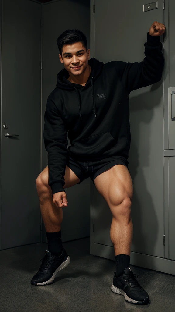a muscular male with black fur, wearing a black hoodie, shorts, and casual shoes, with black socks, in a dynamic pose leaning against a locker in a school corridor, with a smirk on his face ultra-detailed,extremely lifelike shadow, extremely lifelike background, very detailed, lifelike