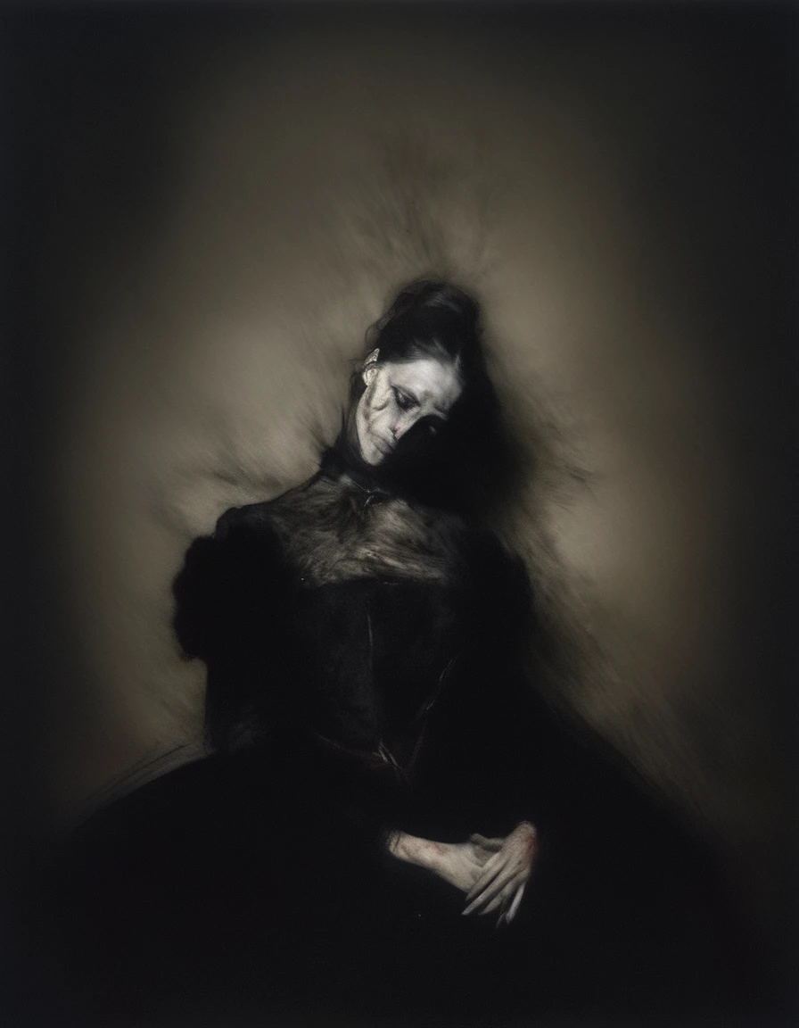 painting of a agonized madame bovary after consuming poison , body laid out on ground dramatically ,  victorian era clothing, gothic terror,   smeared dream like black background,   in the style of nicola samori 