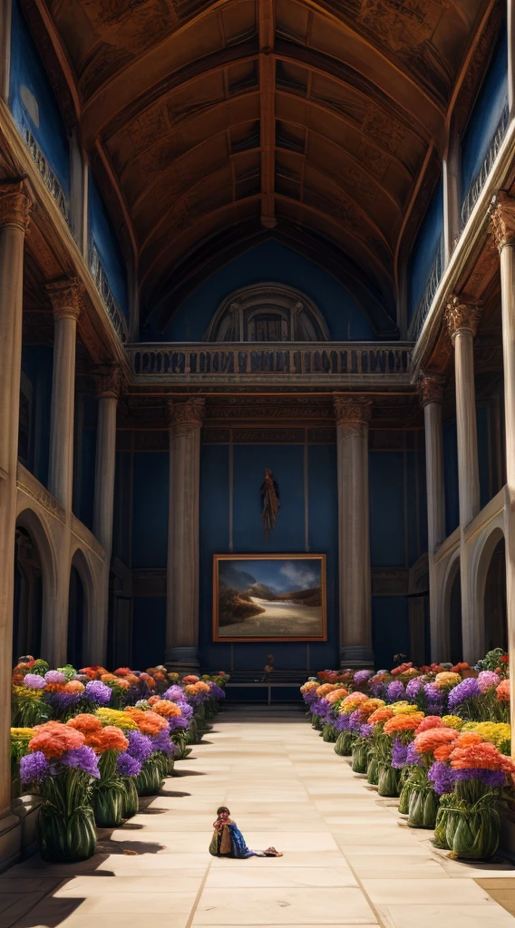 museum, the girl IN TE IMAGE photo is picking flowers in the field, throws flowers from the picture ON THE INSIDE TO FLOOR flowers fall out of the picture on the wall in the great hall of the museum
