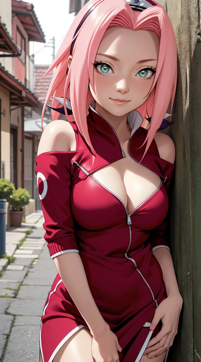 tmasterpiece, Best quality at best, 1girll, Sakura Haruno, Large breasts,Off-the-shoulder attire,upperbody closeup),Raised sexy,is shy,ssmile,with pink hair, Green eyeballs:1.4), Forehead protection, pulled down zipper, (prostitute clothes), alley, prostitute,