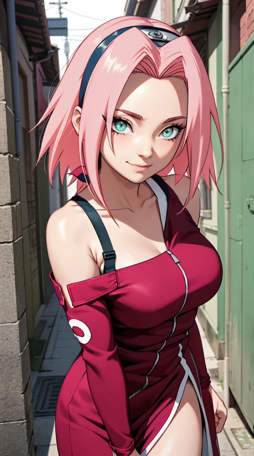 tmasterpiece， Best quality at best， 1girll， Sakura Haruno， Large breasts，Off-the-shoulder attire，upperbody closeup)，Raised sexy，is shy，ssmile，with pink hair， Green eyeballs:1.4)， Forehead protection， pulled down zipper, (prostitute clothes), alley, prostitute,