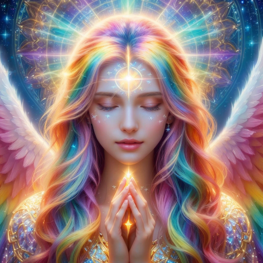 A woman with long hair and angel wings is holding a crystal, A shining angelic presence, An angel of light, Beautiful angel, of Beautiful angel, Angelic Spirit Guidance, Angel Light, Beautiful woman angel, portrait of a Beautiful angel, So colorful and heavenly, Colorful digital fantasy art, Channeling mystical energy, of an Beautiful angel girl, Elven angel meditating in space