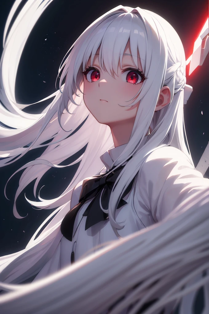 (masterpiece:1.3), (best quality:1.1), (8k, ultra detailed, ultra high res:1.2), ((anime style)), perfect 5 fingers, perfect anatomy, 
1girl,
BREAK long hair, (white hair:1.2), 
red eyes, dress, (Auroral dress:1.2), white dress, 
(looking up:1.2), shoot from side, 
upper body, 
standing, 
black background, 