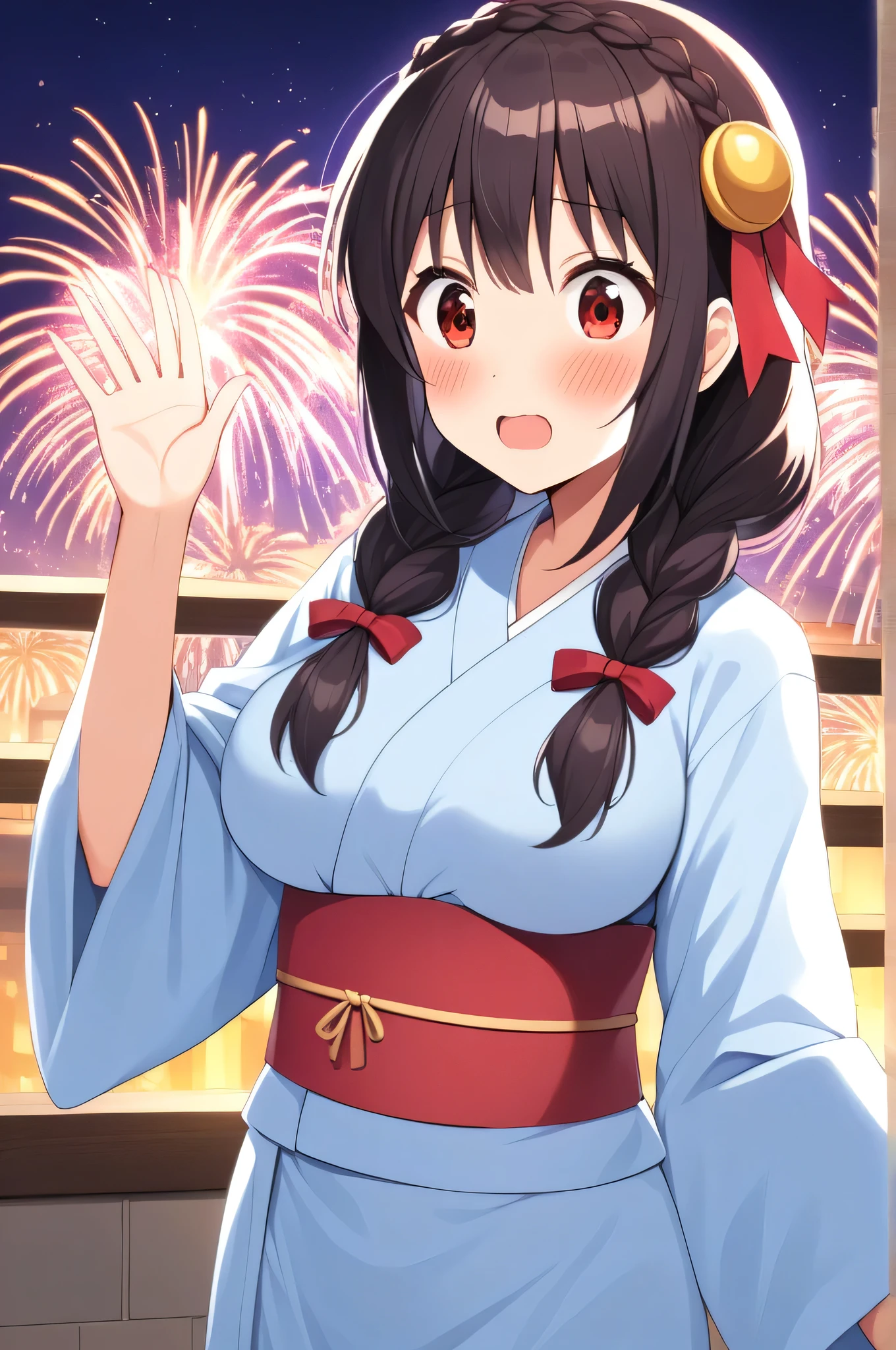 alone, One girl、Crown braids in the same color as your hair, hair ornaments, Hair Ribbon,(A light blue kimono with a red floral pattern and a red obi.)、Red Eyes、Black Hair、(A very happy and wonderful smile:1.5)、(blush:1.5)、Larger breasts、The background is a night river and fireworks、Side view