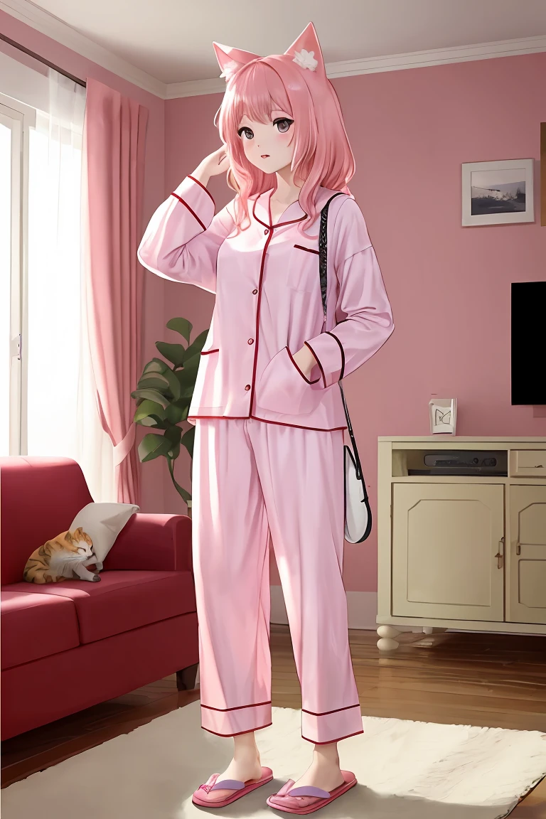 (score_9,score_8_up,score_7_up,score_6_up,score_5_up,score_4_up),masterpiece, top quality, best quality, official art, beautiful and aesthetic, animation, , 1girl with cat ear, perfect figure, pink hair, complicated details, living room, standing by the TV, wearing loose pajamas and slippers ,