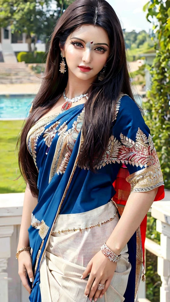 best quality, masterpiece, detailed, realistic, 1girl, detailed, realistic body, detailed eyes, detailed face, ultra high details, masterpiece, looking at viewer, porimoni, pori moni, large breasts, a woman with long hair, black hair, detailed hair, detailed face, face,  shaded face, fair skin, saree, sari, 
unbuttoned, unbuttoned shirt,  skin texture, full body,
