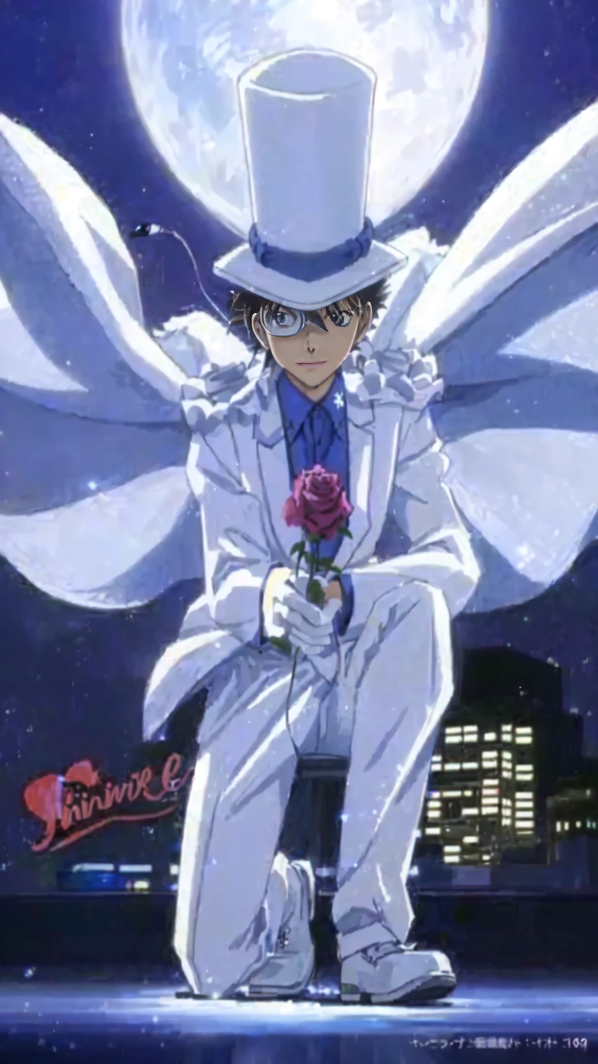 Highest quality、Highest quality、Realistically detailed drawings、With wings and a top hat、Anime characters holding roses, In a flowing white tailcoat, Shinji, shinichi sakamoto, Dynamic Leadership Style, safebooru anime images, White Fox Anime, leiji matsumoto, what are you doing？, 80s anime has this style, 1990s anime, 1990s anime