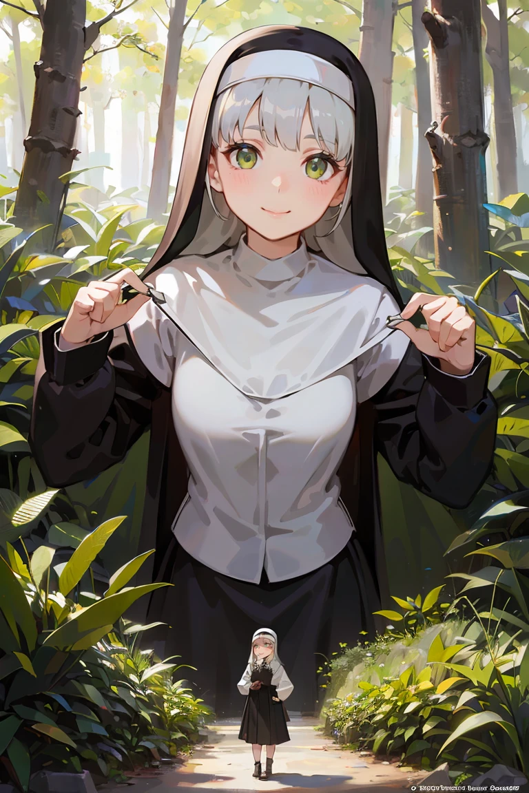 masterpiece, best quality, highly detailed background, perfect lighting, best quality, (extremely detailed face), volumetric lighting, intricate details, shadow, tonemapping, sharp focus, hyper detailed, trending on Artstation, (solo), ((Looking at the viewer)), (White hair), ((thin)), ((green eyes)), ((nun)), ((dressed as a nun)), ((nun's long skirt)), ((delicate)), ((thin and fine figure)), ((elegant)), ((smile)), (blush) ((in the forest)) ((dressed all in black))