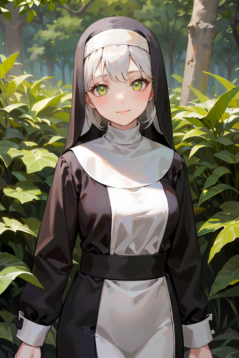 masterpiece, best quality, highly detailed background, perfect lighting, best quality, (extremely detailed face), volumetric lighting, intricate details, shadow, tonemapping, sharp focus, hyper detailed, trending on Artstation, (solo), ((Looking at the viewer)), (White hair), ((thin)), ((green eyes)), ((nun)), ((dressed as a nun)), ((nun's long skirt)), ((delicate)), ((thin and fine figure)), ((elegant)), ((smile)), (blush) ((in the forest)) ((dressed all in black))