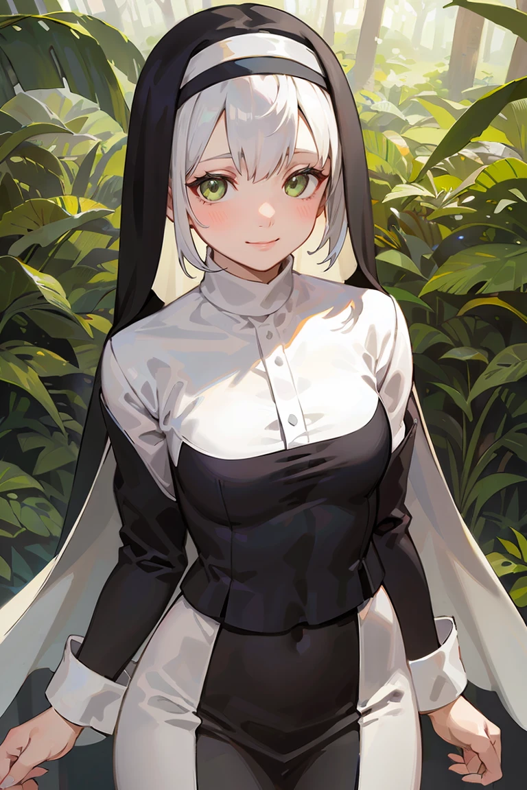 masterpiece, best quality, highly detailed background, perfect lighting, best quality, (extremely detailed face), volumetric lighting, intricate details, shadow, tonemapping, sharp focus, hyper detailed, trending on Artstation, (solo), ((Looking at the viewer)), (White hair), ((thin)), ((green eyes)), ((nun)), ((dressed as a nun)), ((nun's long skirt)), ((delicate)), ((thin and fine figure)), ((elegant)), ((smile)), (blush) ((in the forest)) ((dressed all in black))