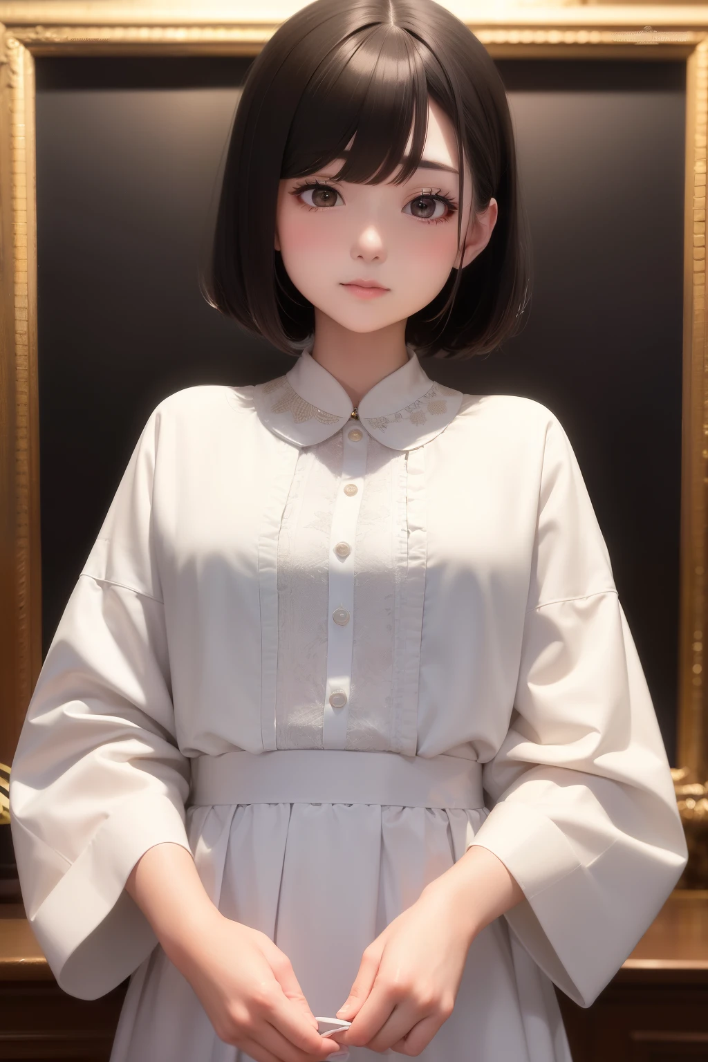 Yuehui, a young woman with a frame, is the center of attention in this masterpiece. Her plaque is meticulously crafted, showcasing intricate details and exquisite workmanship. The best quality and ultra-high resolution bring out every minute detail, from the delicate engravings to the smooth finish. Yuehui's fair complexion contrasts beautifully with the dark plaque, highlighting every curve and line. Her hair, styled in a soft bob, cascades gently around her shoulders, framing her cute face with long eyelashes and hanging eye corners. Yuehui is dressed in a simple white blouse, accentuated by a small, delicate brooch at