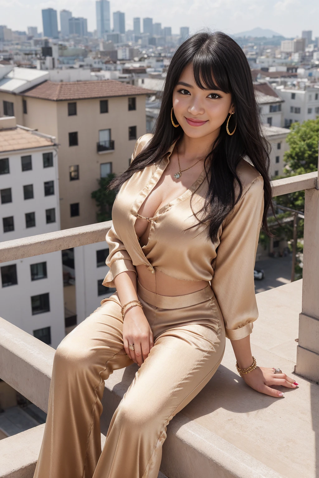 Half-length glamour portrait, nikon D850, f1.6 lens, 200mm, DSLR, 22 Megapixels, (((Sunny terrace overlooking the city rooftops scene))), shot of a stunning 19 years old korean girl, (smile:1.4), (wearing Beige satin blouse and matching wide-leg pants set:1.6), ((seductive pose)), hot girl, (((big natural breasts))), (((black fringe hair))), ( girl), symmetrical face, photorealistic, photography, (bright natural lighting), gorgeous, deep cleavage, (masterpiece), best quality, high resolution, extremely detailed, cinematic lighting, (((very narrow waist))), rich colors, hyper realistic, lifelike texture, ((jewelry)), (((She has beautiful hands and wears rings))), (bracelet), (necklace), (ankle chain), (nail polish) (earrings), Fuji Superia 200, 8k
