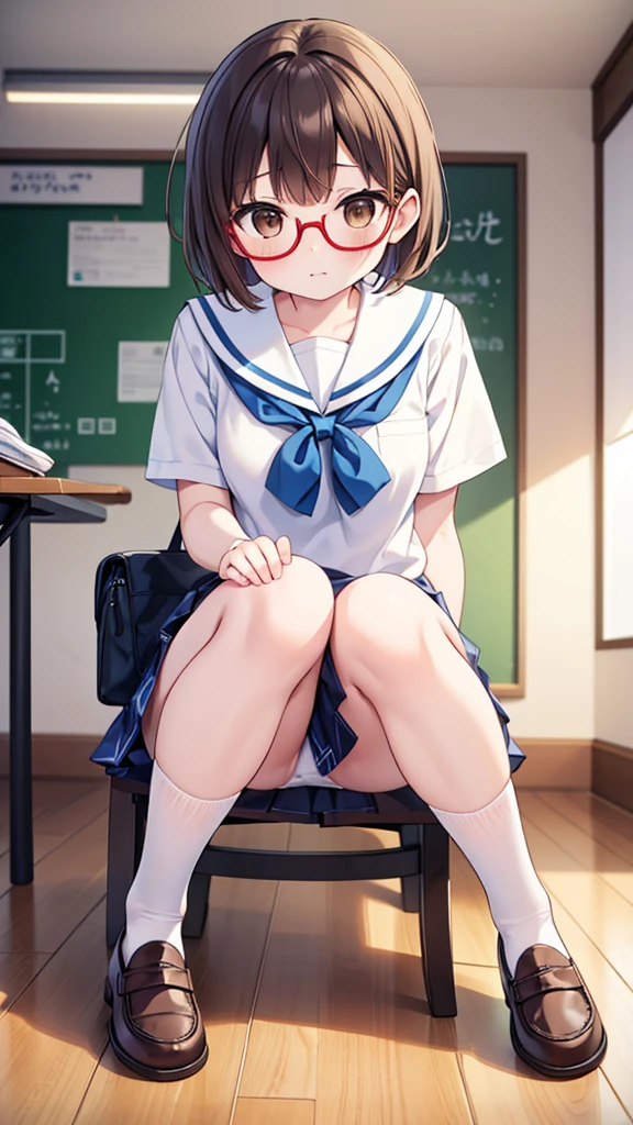 nichijo style、simple、Simple、mischief、Expectations、Shyness、Sit on a chair、School、classroom、Daytime、Cute girl , Steam rises around her, Shooting from below, One Girl, Brown Hair、Very short hair, Brown eyes、Red frame glasses、White blouse, Navy Blue Skirt, Navy blue socks, Brown Loafers, White panties、Thin legs、Small breasts, Highest quality, 4K, 8K, High resolution, masterpiece:1.2, Very detailed, Realistic, photoRealistic, photo-Realistic:1.37, High resolution, 超High resolution, Studio Lighting, Ultra-fine painting, Sharp focus, Physically Based Rendering, Very detailed説明, Professional, Vibrant colors, Bokeh