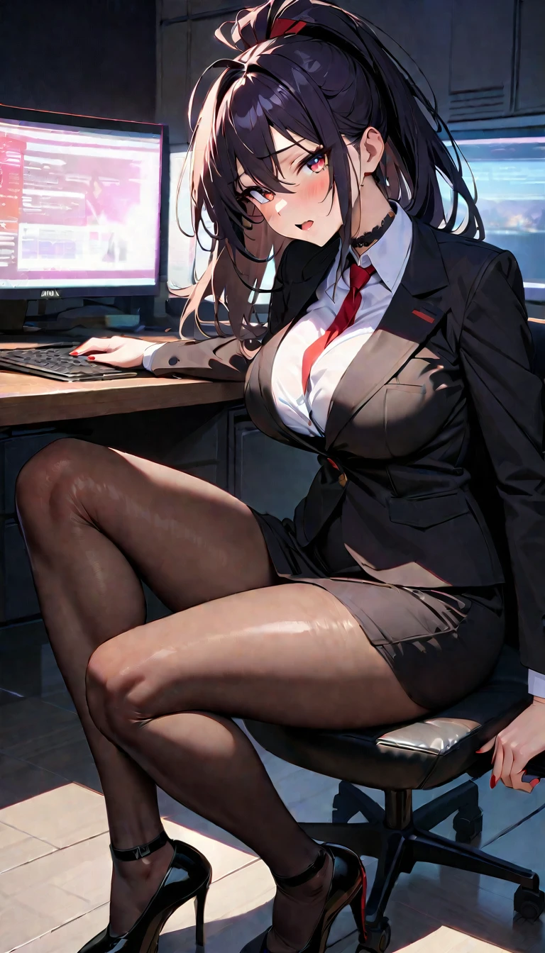 akeno,fullbody, perfect body, detailed face, detailed eyes,sexy,high res,high quality, masterpiece, office uniform,sitting on office chair, office,very sexy,large breasts,black shining heels,open mouth, embarrassed ,blush,top quality,(best quality,4k,8k,highres,masterpiece:1.2),ultra-detailed,portrait, erotic, sensual, voluptuous, glowing skin, detailed facial features, alluring gaze, cinematic lighting, rich colors, dramatic shadows,red nails,look from high, side view,sexy,look from side, don't see the viewer,black skirt,black pantyhose,white shirt,black jacket,red tie, choker , looking from high, elegant, elegantly sitting,sfw,sits by the office table,look from top,photo at an angle,look from side, detailed heels, working,not looking at viewer, looking at her table