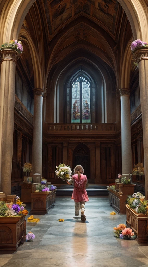 museum, the girl IN TE IMAGE photo is picking flowers in the field, throws flowers from the picture ON THE INSIDE TO FLOOR flowers fall out of the picture on the wall in the great hall of the museum