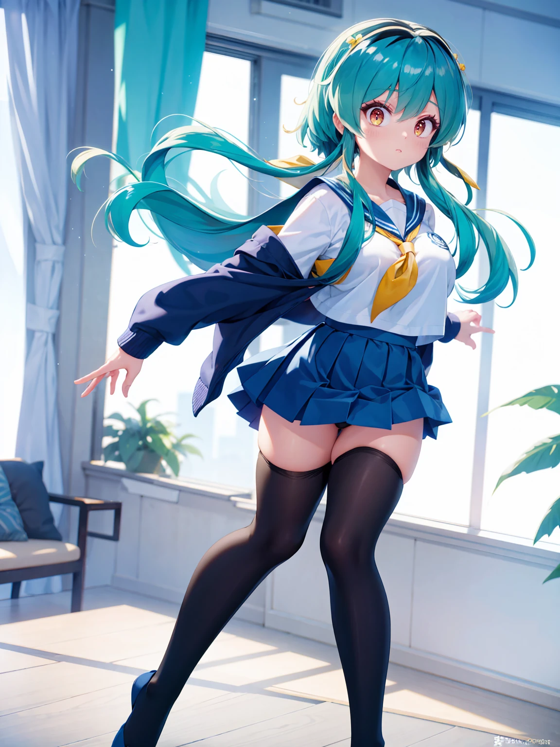 (1 Girl),(high quality), (High resolution), (Very detailed), (8K),(Demolition paperback correct)、Urusei Yatsura、Ram-chan、((White and navy blue sailor suit))、Navy blue pleated skirt、Cute Underwear、((Focus on the whole body))、Nipple Shape、((Black knee-high stockings))、Hair messed up by the strong wind、Neutral White Lighting,Sexy pose、
