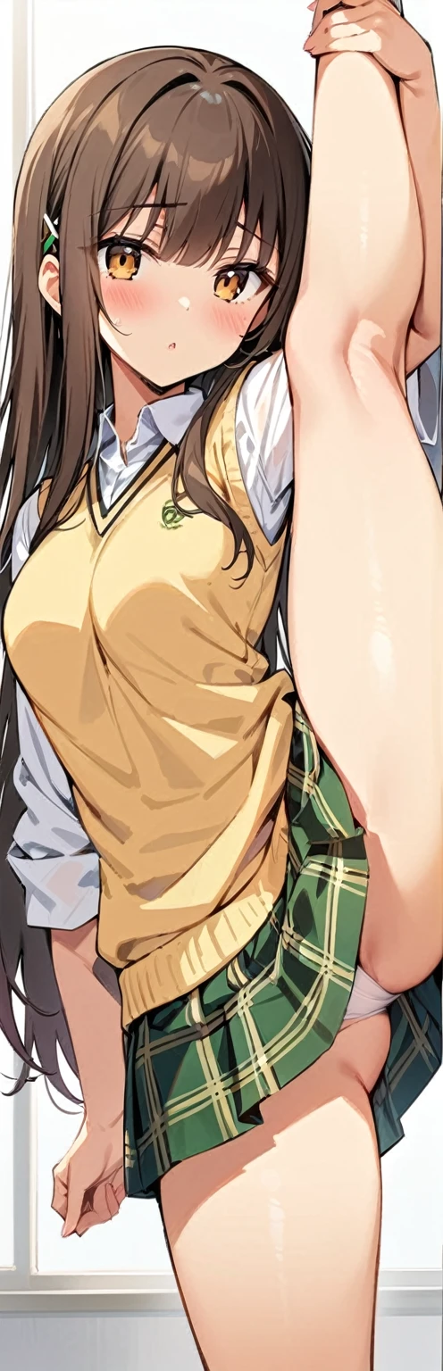 (masterpiece, best quality:1.2), 1girl, solo,standing_split,
Mikan Yuuki, brown eyes, brown hair, hair ornament,long hair,green plaid skirt, sainan high , , white shirt, yellow sweater vest,no panty