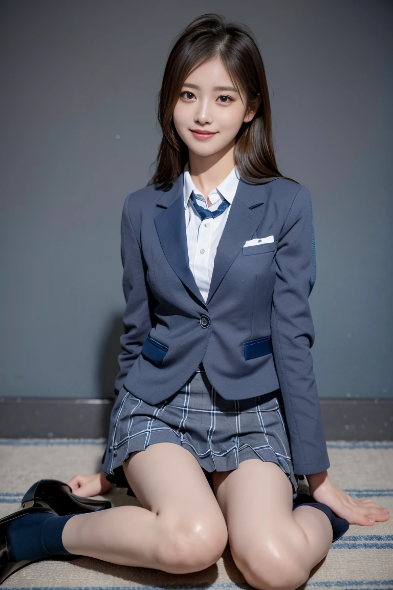 (8k), (highest quality: 1.2), (Realistic), (Realistic: 1.37), Ultra-high resolution, (1 girl), cute, blush,Embarrassed smile, Beautiful details, Beautiful Nose, straight Hair, Giant Dulcefo, pork, Thighs,Self Snap,University Uniforms,(A simple dark blue blazer:1.4),(Pleated skirt:1.2),(The skirt and tie are gray tartan check pattern.:1.3),(Sitting:1), Sit on the ground,(Hold my feet:1),(Shiny legs:1.2),from the front,knees