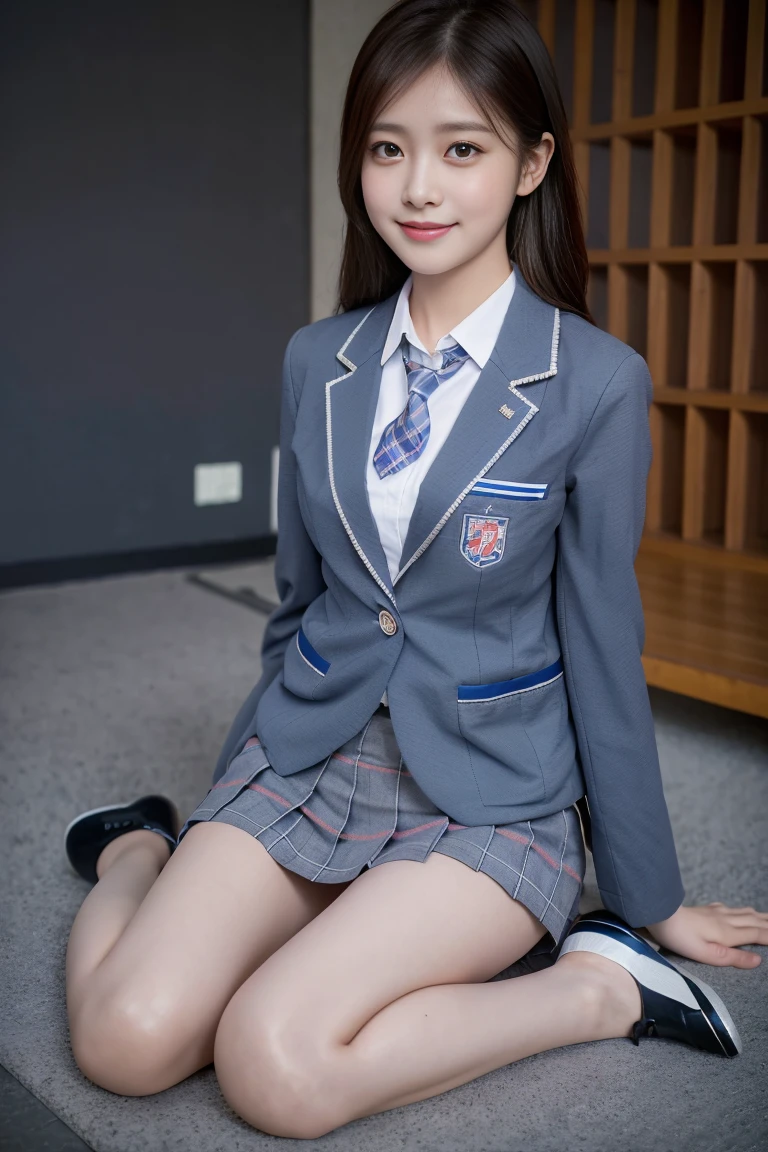 (8k), (highest quality: 1.2), (Realistic), (Realistic: 1.37), Ultra-high resolution, (1 girl), cute, blush,Embarrassed smile, Beautiful details, Beautiful Nose, straight Hair, Giant Dulcefo, pork, Thighs，Self Snap,University Uniforms,(A simple dark blue blazer:1.4),(Pleated skirt:1.2),(The skirt and tie are gray tartan check pattern.:1.3),(Sitting:1), Sit on the ground,(Hold my feet:1),(Shiny legs:1.2),from the front,knees