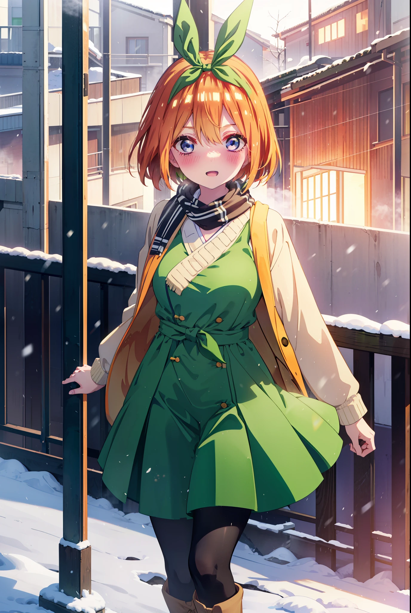 Yotsubanakano, Yotsuba Nakano, bangs, short hair, blue eyes, Hair between the eyes, hair ribbon, hair band, Orange Hair, (Green ribbon:1.5), smile, Hair between the eyes,blush, Open your mouth,White Breath,scarf,Green neck long coat,V-neck sweater,Long skirt,Black Pantyhose,short boots,Standing leaning against a wall,Snow is piling up,that&#39;it&#39;s snowing,whole bodyがイラスト入るように,Hiding in a roofed building,
break outdoors, construction area,
break looking at viewer, whole body,
break (masterpiece:1.2), Highest quality, High resolution, unity 8k wallpaper, (shape:0.8), (Beautiful attention to detail:1.6), Highly detailed face, Perfect lighting, Extremely detailed CG, (Perfect hands, Perfect Anatomy),