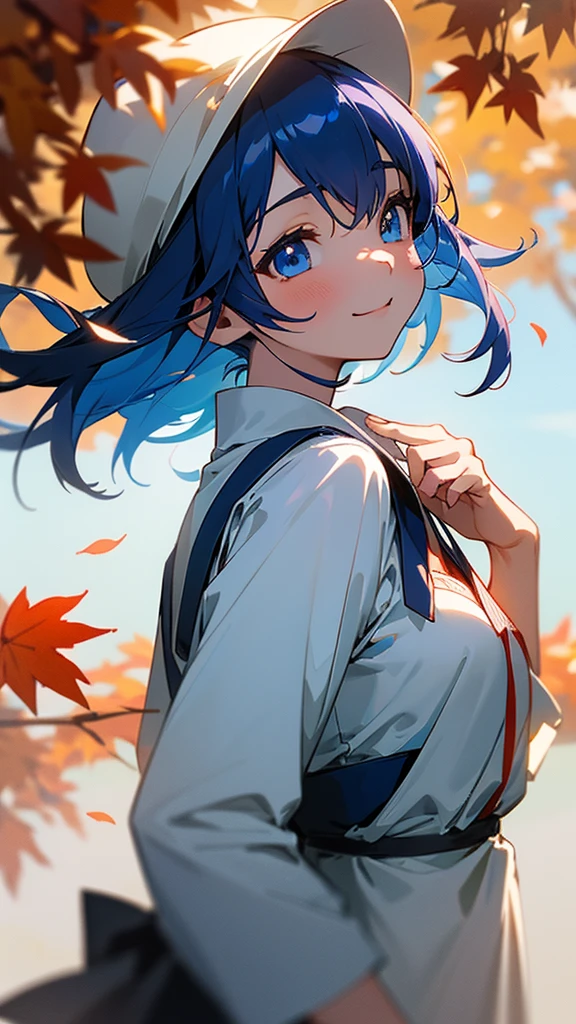 1 Girl、Anime style painting、Upper body close-up、From the side、邪悪なsmile、Dark blue hair、Sparkling blue eyes、smile、White shirt、Light blue apron、Perfect lighting、Autumnal leaves々、Momiji Park、Background Blur, Written boundary depth