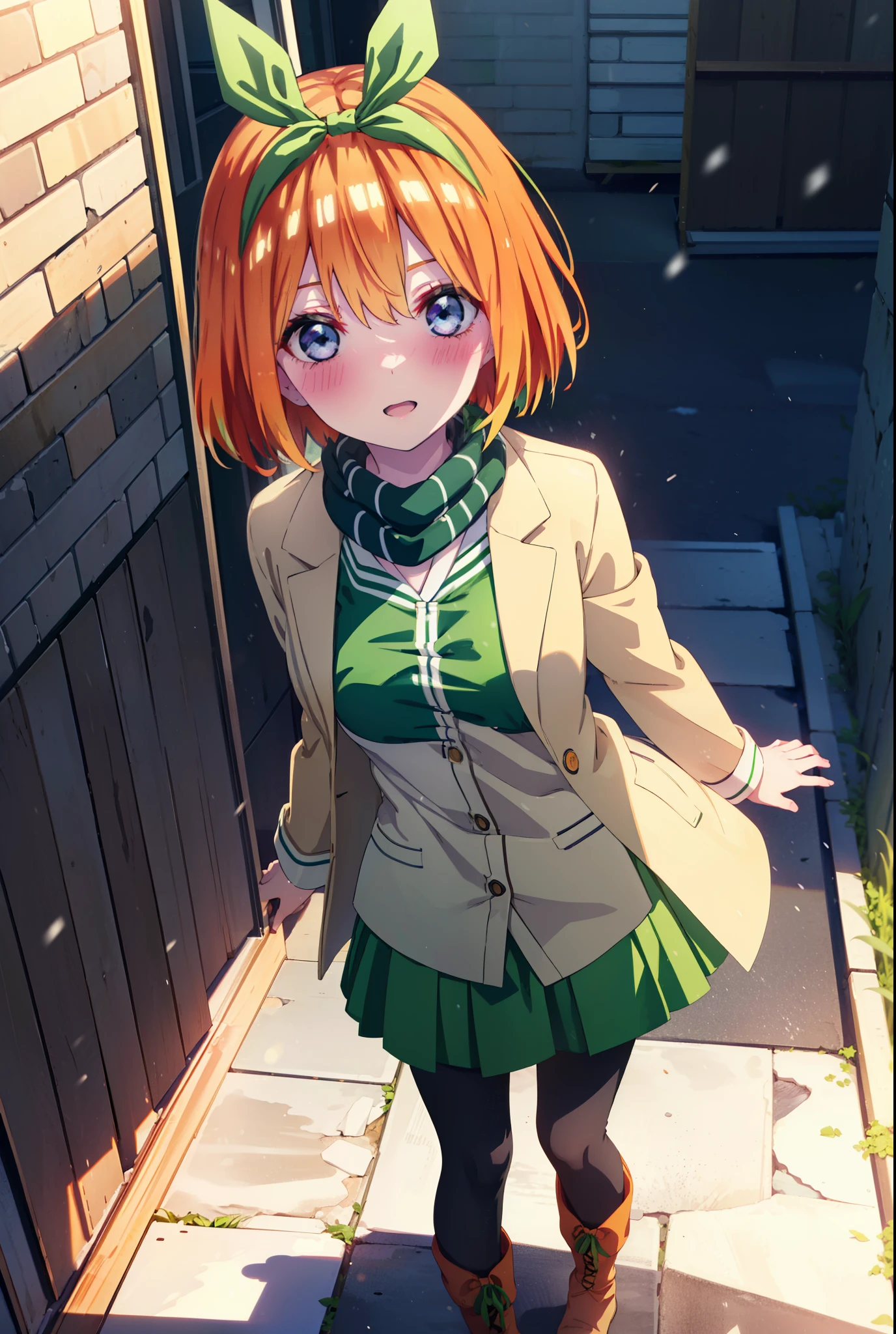 Yotsubanakano, Yotsuba Nakano, bangs, short hair, blue eyes, Hair between the eyes, hair ribbon, hair band, Orange Hair, (Green ribbon:1.5), smile, Hair between the eyes,blush, Open your mouth,White Breath,scarf,Green neck long coat,V-neck sweater,Long skirt,Black Pantyhose,short boots,Standing leaning against a wall,Snow is piling up,that'it's snowing,whole bodyがイラスト入るように,Hiding in a roofed building,
break outdoors, construction area,
break looking at viewer, whole body,
break (masterpiece:1.2), Highest quality, High resolution, unity 8k wallpaper, (shape:0.8), (Beautiful attention to detail:1.6), Highly detailed face, Perfect lighting, Extremely detailed CG, (Perfect hands, Perfect Anatomy),