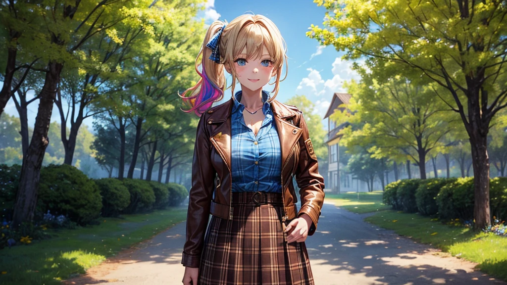 1girl, solo, full body, village, trees, sun, clouds, ((colorful hair)), side ponytail, large breasts, ((brown leather jacket)), button down shirt, ((blue checked shirt)), ((unbuttoned shirt)), unbuttoning buttons, cleavage 1:3 green eyes, long skirt, brown boots, smile, happy, looking at the viewer, standing, hair ribbon, golden necklate