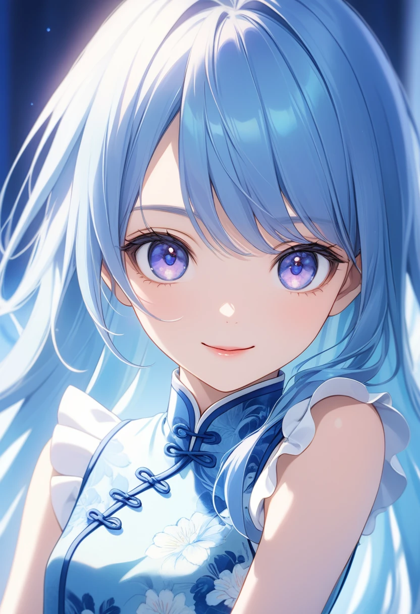 One adult woman, Tanzanite Eyes, Blue Hair, Very long hair, Captivating smile, Part your lips, cute, Smooth Skin, (Frills:1.1), China dress, (Hunchback:1.3), Silver light, Sharp focus, Looking at the observer, close, Upper Body, (Complex: 1.1), (Light Blue Theme: 1.1), (Light Blue Tone: 1.1), (Bright white: 0.9), (Anime Coloring: 1.1), figure, Slightly slanted eyes, Sexy pose,