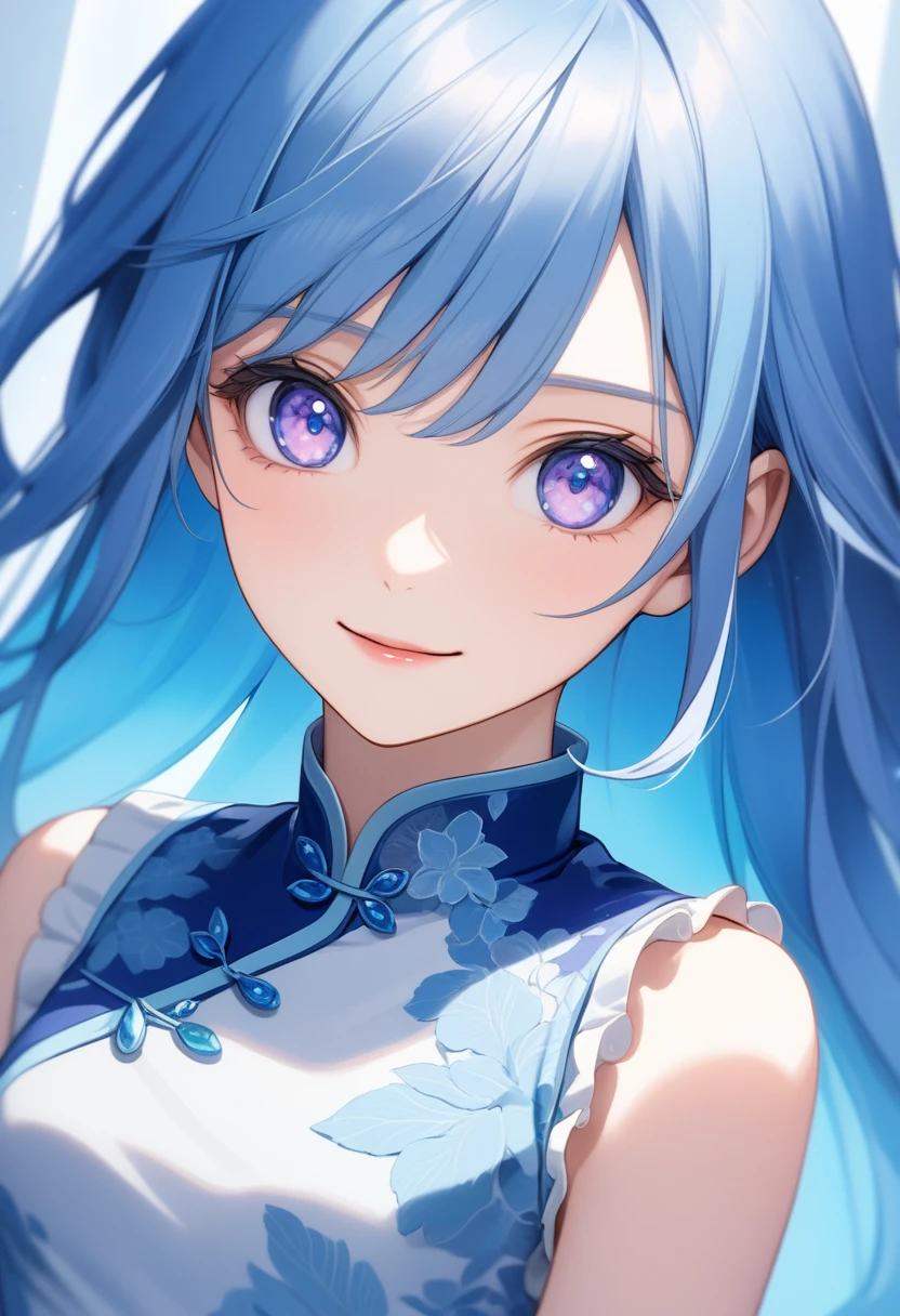 One adult woman, Tanzanite Eyes, Blue Hair, Very long hair, Captivating smile, Part your lips, cute, Smooth Skin, (Frills:1.1), China dress, (Hunchback:1.3), Silver light, Sharp focus, Looking at the observer, close, Upper Body, (Complex: 1.1), (Light Blue Theme: 1.1), (Light Blue Tone: 1.1), (Bright white: 0.9), (Anime Coloring: 1.1), figure, Slightly slanted eyes, Sexy pose,