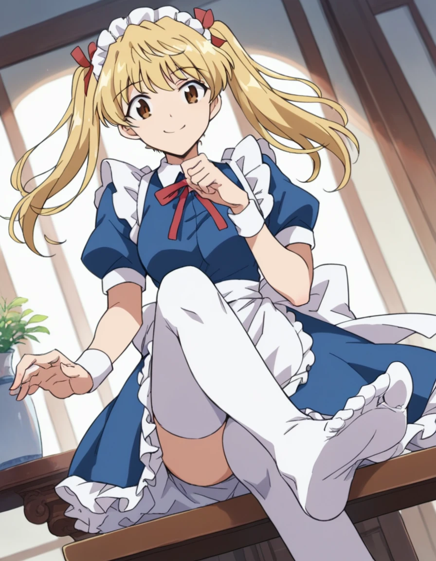 sawachika eri, twintail,sawachika eri, twintails, long hair, blonde hair, brown eyes, hair ribbon,smile, hair ribbon,, bob cut, smile, maid, blue dress, maid apron, maid headdress, red neck ribbon, puffy short sleeves, white wristband, white thighhighs, dutch angle, score_9, score_8_up, score_7_up, score_6_up, anime coloring,Seated pose, focus on soles of feet.crossed-leg