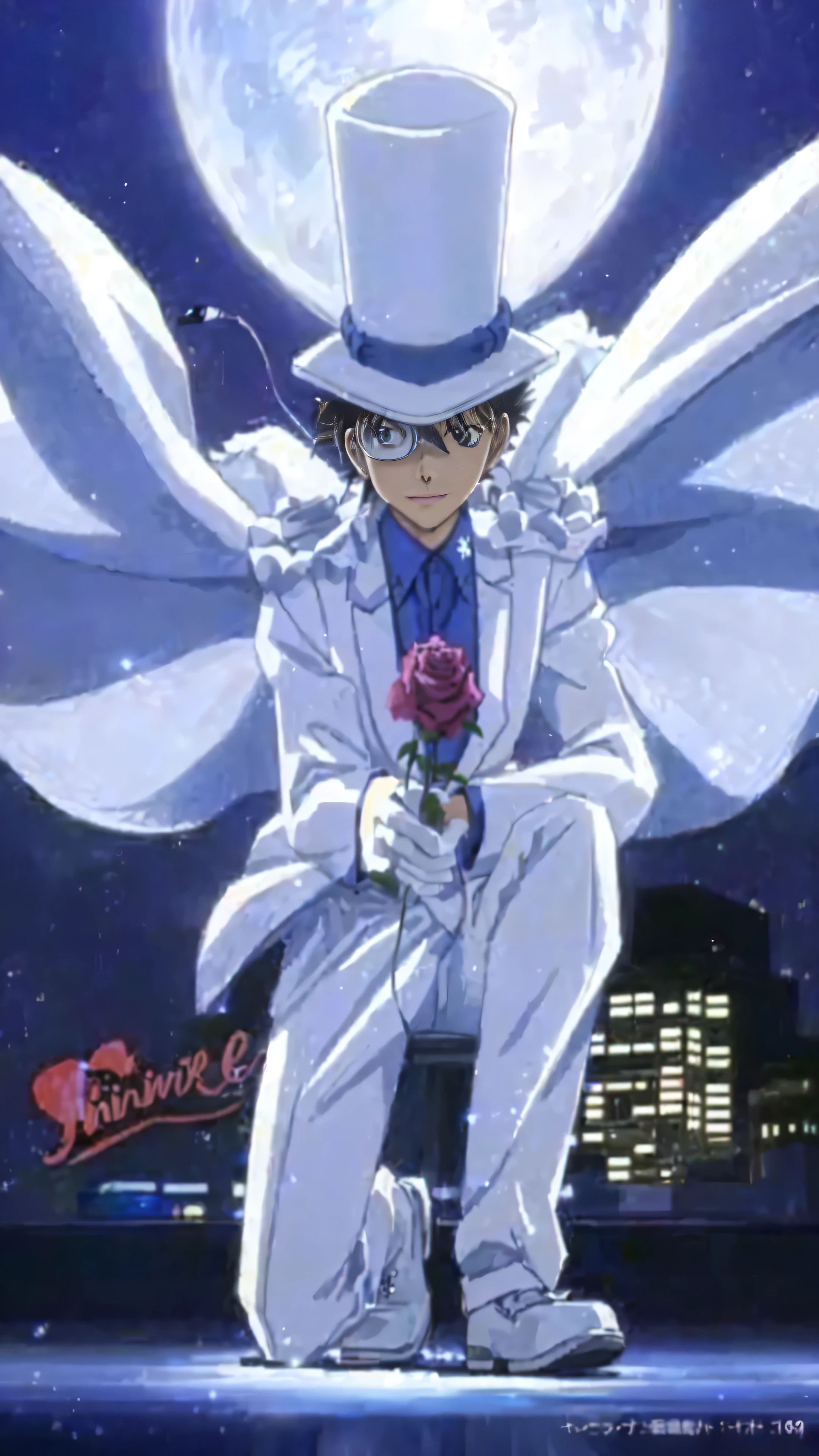 Highest quality、Highest quality、Realistically detailed drawings、With wings and a top hat、Anime characters holding roses, In a flowing white tailcoat, Shinji, shinichi sakamoto, Dynamic Leadership Style, safebooru anime images, White Fox Anime, leiji matsumoto, what are you doing?, 80s anime has this style, 1990s anime, 1990s anime