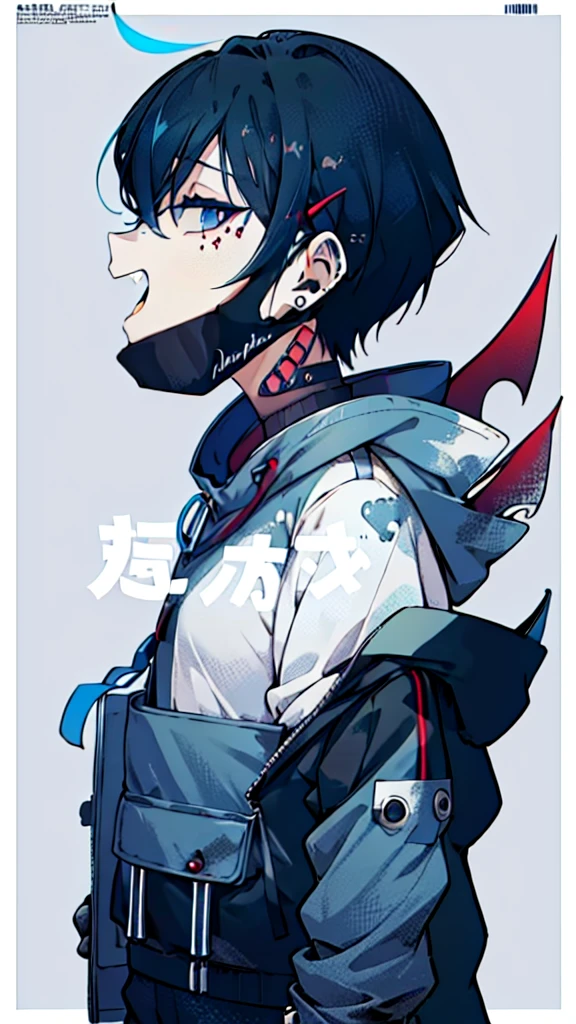 (1boy), (Wearing a blue shark tail hoodie), (Boy Messy Japanese Round Haircut for Thick Hair), (blue nails), (blue hair), black shorts, ((solo)), (magazine:1.3), (cover-style:1.3),  simple background, watch, mouth mask, wristwatch, stud earrings, vampire, halftone, mask pull, jirai kei, fangs, score_9, score_8_up, score_7_up, best quality, masterpiece, 4k, perfect lighting, very aesthetic, GOTH GIRL, (red pupils with X shape:1), x-shaped pupils, Ultra-detail,(highres:1.1),best quality,(masterpiece:1.2), cinematic lighting, (detailed face and eyes:1.2), 