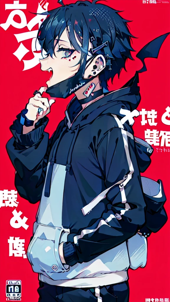 (1boy), (Wearing a blue shark tail hoodie), (Boy Messy Japanese Round Haircut for Thick Hair), (blue nails), (blue hair), black shorts, ((solo)), (magazine:1.3), (cover-style:1.3),  simple background, watch, mouth mask, wristwatch, stud earrings, vampire, halftone, mask pull, jirai kei, fangs, score_9, score_8_up, score_7_up, best quality, masterpiece, 4k, perfect lighting, very aesthetic, GOTH GIRL, (red pupils with X shape:1), x-shaped pupils, Ultra-detail,(highres:1.1),best quality,(masterpiece:1.2), cinematic lighting, (detailed face and eyes:1.2), 
