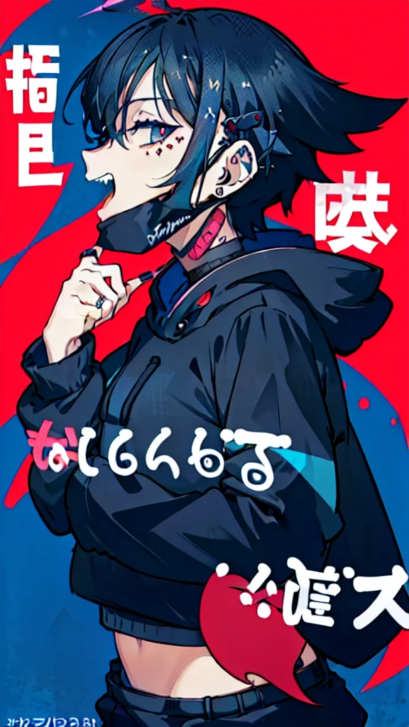 (1boy), (Wearing a blue shark tail hoodie), (Boy Messy Japanese Round Haircut for Thick Hair), (blue nails), (blue hair), black shorts, ((solo)), (magazine:1.3), (cover-style:1.3),  simple background, watch, mouth mask, wristwatch, stud earrings, vampire, halftone, mask pull, jirai kei, fangs, score_9, score_8_up, score_7_up, best quality, masterpiece, 4k, perfect lighting, very aesthetic, GOTH GIRL, (red pupils with X shape:1), x-shaped pupils, Ultra-detail,(highres:1.1),best quality,(masterpiece:1.2), cinematic lighting, (detailed face and eyes:1.2), 