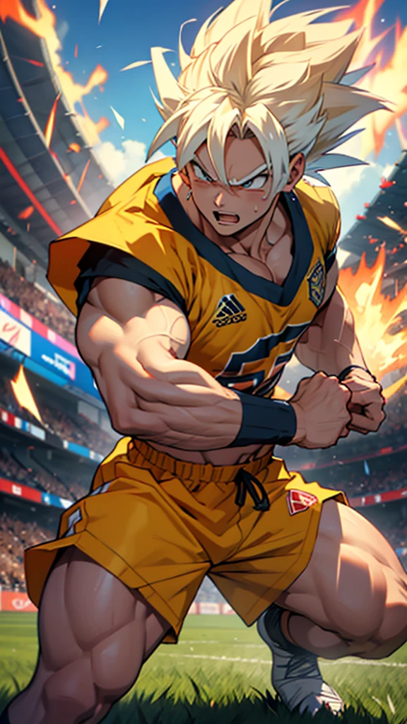 In the midst of a football field, Songoku stands adorned in an England national team football jersey, his ultra instinct power radiating from every sinew. The image, perhaps a digital painting, captures his intense focus and power as he prepares to make a game-changing play. The vibrant colors of the jersey pop against the green grass, and Songoku's determined expression hints at the immense skill and passion he brings to the game. This high quality image beautifully showcases the fusion of strength and sportsmanship in a visually striking and dynamic way.
