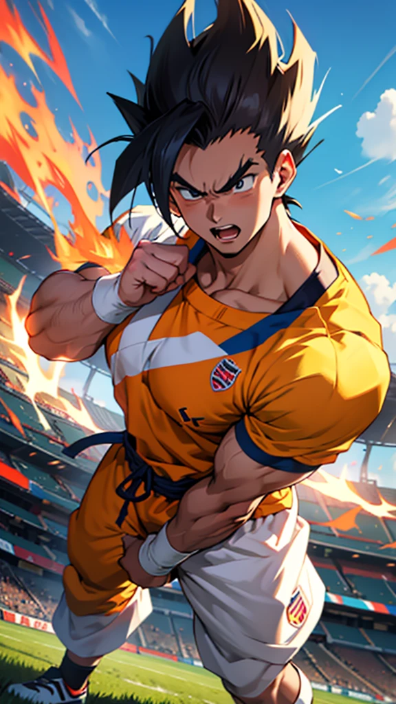 In the midst of a football field, Songoku stands adorned in an England national team football jersey, his ultra instinct power radiating from every sinew. The image, perhaps a digital painting, captures his intense focus and power as he prepares to make a game-changing play. The vibrant colors of the jersey pop against the green grass, and Songoku's determined expression hints at the immense skill and passion he brings to the game. This high quality image beautifully showcases the fusion of strength and sportsmanship in a visually striking and dynamic way.