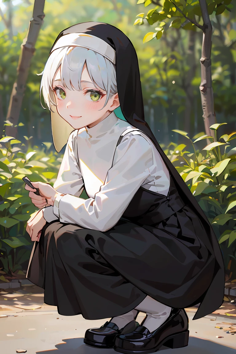 masterpiece, best quality, highly detailed background, perfect lighting, best quality, (extremely detailed face), volumetric lighting, intricate details, shadow, tonemapping, sharp focus, hyper detailed, trending on Artstation, (solo), ((Looking at the viewer)), (White hair), ((thin)), ((green eyes)), ((nun)), ((dressed as a nun)), ((nun's long skirt)), ((delicate)), ((thin and fine figure)), ((elegant)), ((smile)), (blush) ((in the forest)) ((squatting))
