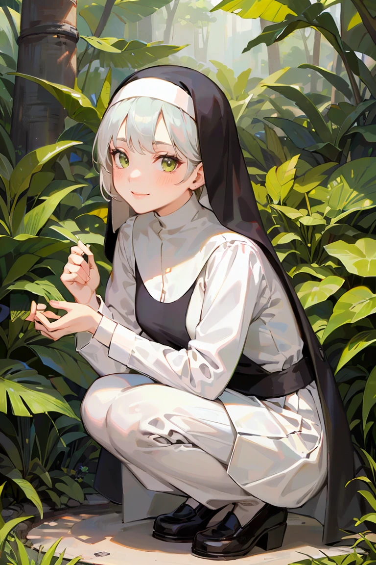 masterpiece, best quality, highly detailed background, perfect lighting, best quality, (extremely detailed face), volumetric lighting, intricate details, shadow, tonemapping, sharp focus, hyper detailed, trending on Artstation, (solo), ((Looking at the viewer)), (White hair), ((thin)), ((green eyes)), ((nun)), ((dressed as a nun)), ((nun's long skirt)), ((delicate)), ((thin and fine figure)), ((elegant)), ((smile)), (blush) ((in the forest)) ((squatting))