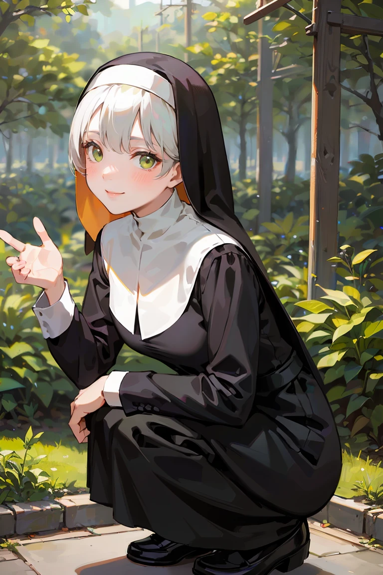 masterpiece, best quality, highly detailed background, perfect lighting, best quality, (extremely detailed face), volumetric lighting, intricate details, shadow, tonemapping, sharp focus, hyper detailed, trending on Artstation, (solo), ((Looking at the viewer)), (White hair), ((thin)), ((green eyes)), ((nun)), ((dressed as a nun)), ((nun's long skirt)), ((delicate)), ((thin and fine figure)), ((elegant)), ((smile)), (blush) ((in the forest)) ((squatting))