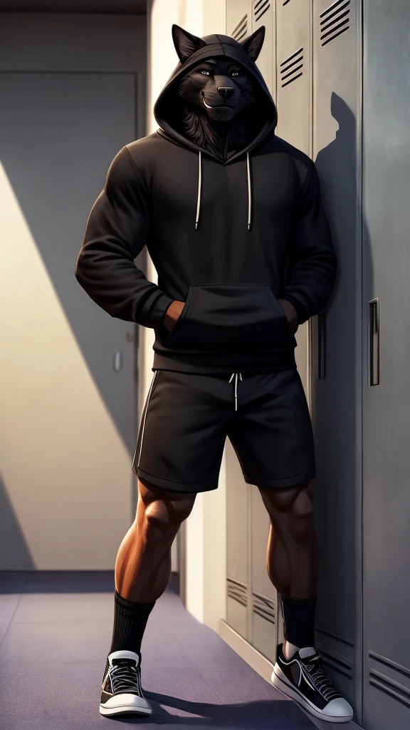a muscular male with black fur, wearing a black hoodie, shorts, and casual shoes, with black socks, in a dynamic pose leaning against a locker in a school corridor, with a smirk on his face ultra-detailed,extremely lifelike shadow, extremely lifelike background, very detailed, lifelike