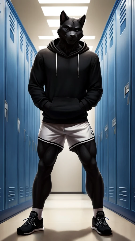 a muscular male with black fur, wearing a black hoodie, shorts, and casual shoes, with black socks, in a dynamic pose leaning against a locker in a school corridor, with a smirk on his face ultra-detailed,extremely lifelike shadow, extremely lifelike background, very detailed, lifelike