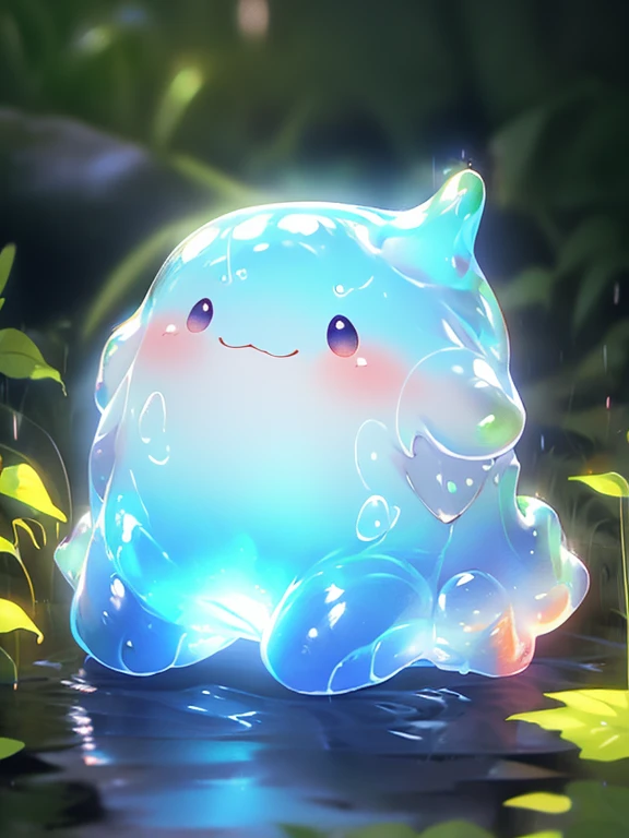 ( Cute Water Slime, Colorful slime, Shiny、that'It's fluffy, Slime Texture, Transparent slime, glitter slime, Rainbow colors, 鮮やかなRainbow colors, glitter and magic, Soft and stretchy, Tight fit and elasticity, playfulness and fun, In a clear glass bottle, Slime bubbles floating) (Highest quality, Super detailed, Realistic:1.37), Vibrant colors, Studio Lighting, Vibrant colors, Bokeh tobacco