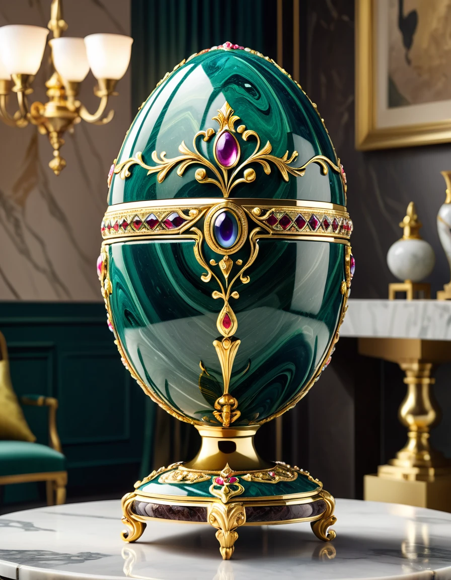 Full shot of an eliptical object (Faberge Egg, mix of Memory of Azov and Rosebud) with a highly detailed and intricate surface. The object is made of materials that resemble jewelry, marble or a similar type of stone and gemstone, with a variety of vibrant colors and patterns that include shades of yellow, green, blue and white, decorated in gold. The patterns are reminiscent of natural gemstones and marble, with swirling and striated patterns that give the object a luxurious and opulent look.The object is placed on a pedestal that has a decorative base, a rare piece of art. The pedestal made in ebony wood has a rich, dark color pattern. Soft and diffused lighting, highlighting the textures and colors of the object without creating harsh shadows. Luxurious living rooms in the background, sharp focus.Overall, the image presents a beautifully crafted piece that combines the natural beauty of jewelry and marble with the elegance of a luxury decorative object. Hyper-maximalist, raw photography, ultra-detailed photorealistic textures, artistic bokeh, featured on pixiv, cinematic composition, dynamic pose, beautiful lighting, sharp, details, hyper-detailed, Sony/Zeiss 90mm,f2.8,shutter speed of 1/500s,WLOP,HDR,8k,vray
